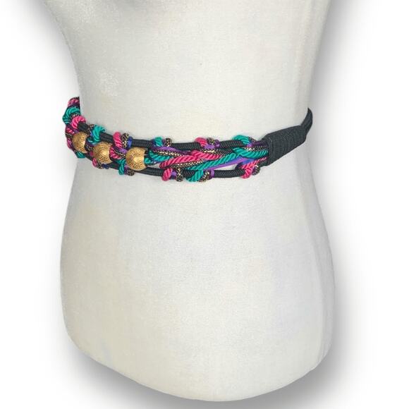 Vintage Bungee Statement Belt Black Fuchsia Multicolor Braided Woven Golden Bead